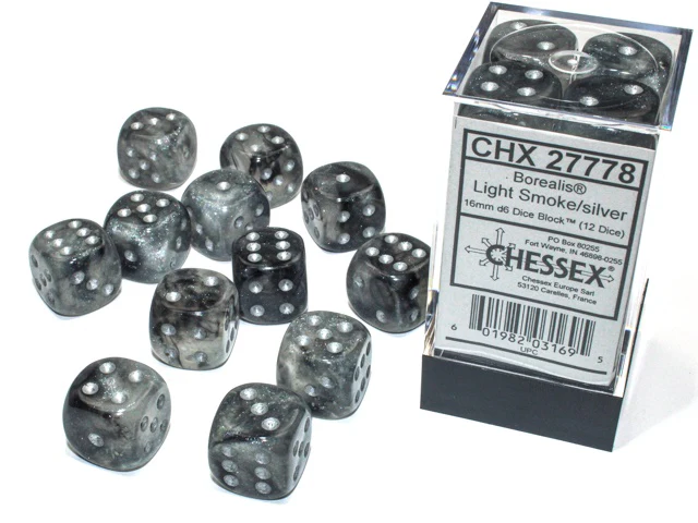 Chessex - Borealis 12D6-Die 16MM Dice Set CHX27778 - Light Smoke/Silver Luminary