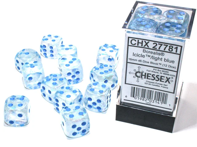 Chessex - Borealis 12D6-Die 16MM Dice Set CHX27781 - Icicle/Light Blue Luminary