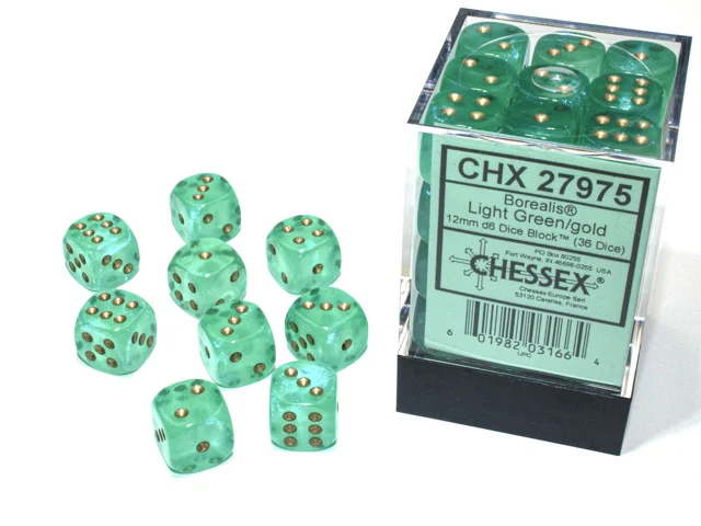 Chessex - Borealis 36D6-Die 12MM Dice Set CHX27975 - Light Green/Gold