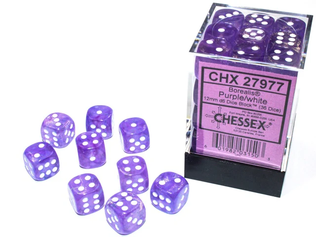 Chessex - Borealis 36D6-Die 12MM Dice Set CHX27977 - Purple/White