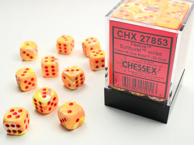 Chessex - Festive 36D6-Die 12MM Dice Set CHX27853 - Sunburst/Red
