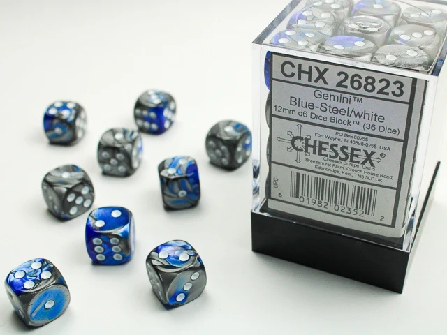 Chessex - Gemini 36D6-Die 12MM Dice Set CHX26823 - Blue-Steel/White
