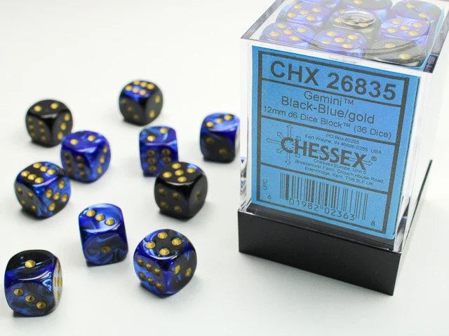 Chessex - Gemini 36D6-Die 12MM Dice Set CHX26835 - Black-Blue/Gold