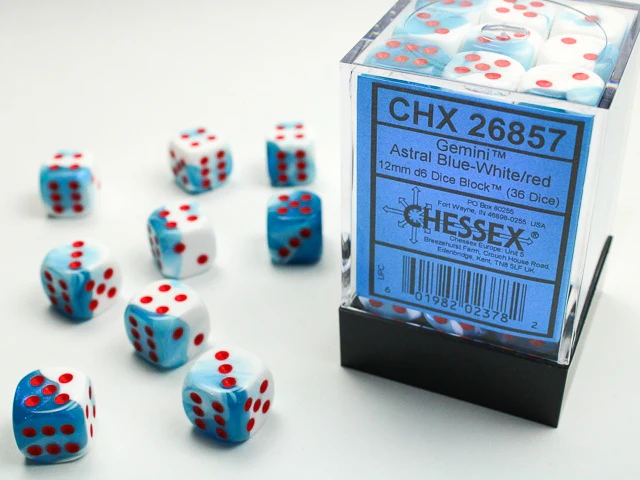 Chessex - Gemini 36D6-Die 12MM Dice Set CHX26857 - Astral Blue-White/Red