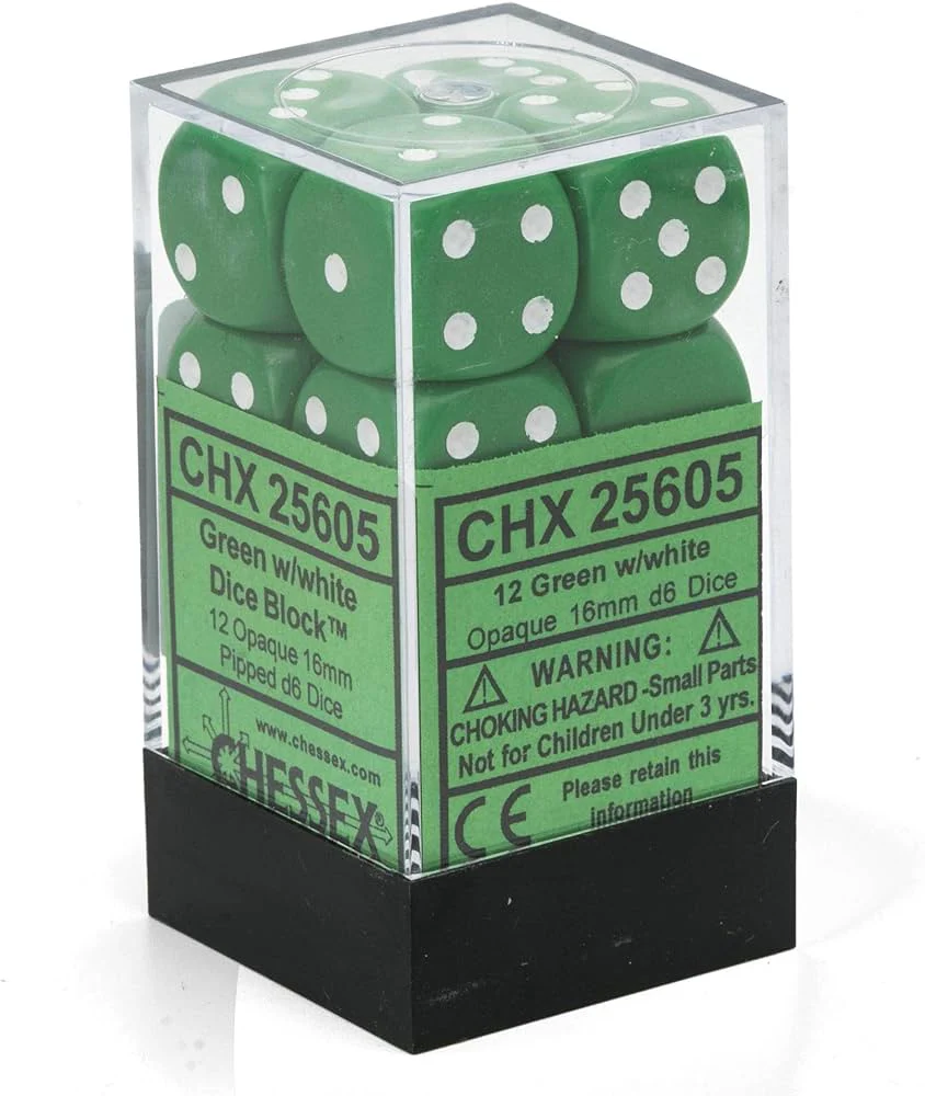 Chessex - Opaque 12D6-Die 16MM Dice Set CHX25605 - Green/White