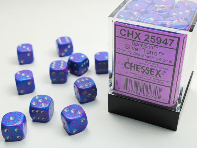 Chessex - Speckled 36D6-Die 12MM Dice Set CHX25947 - Silver Tetra