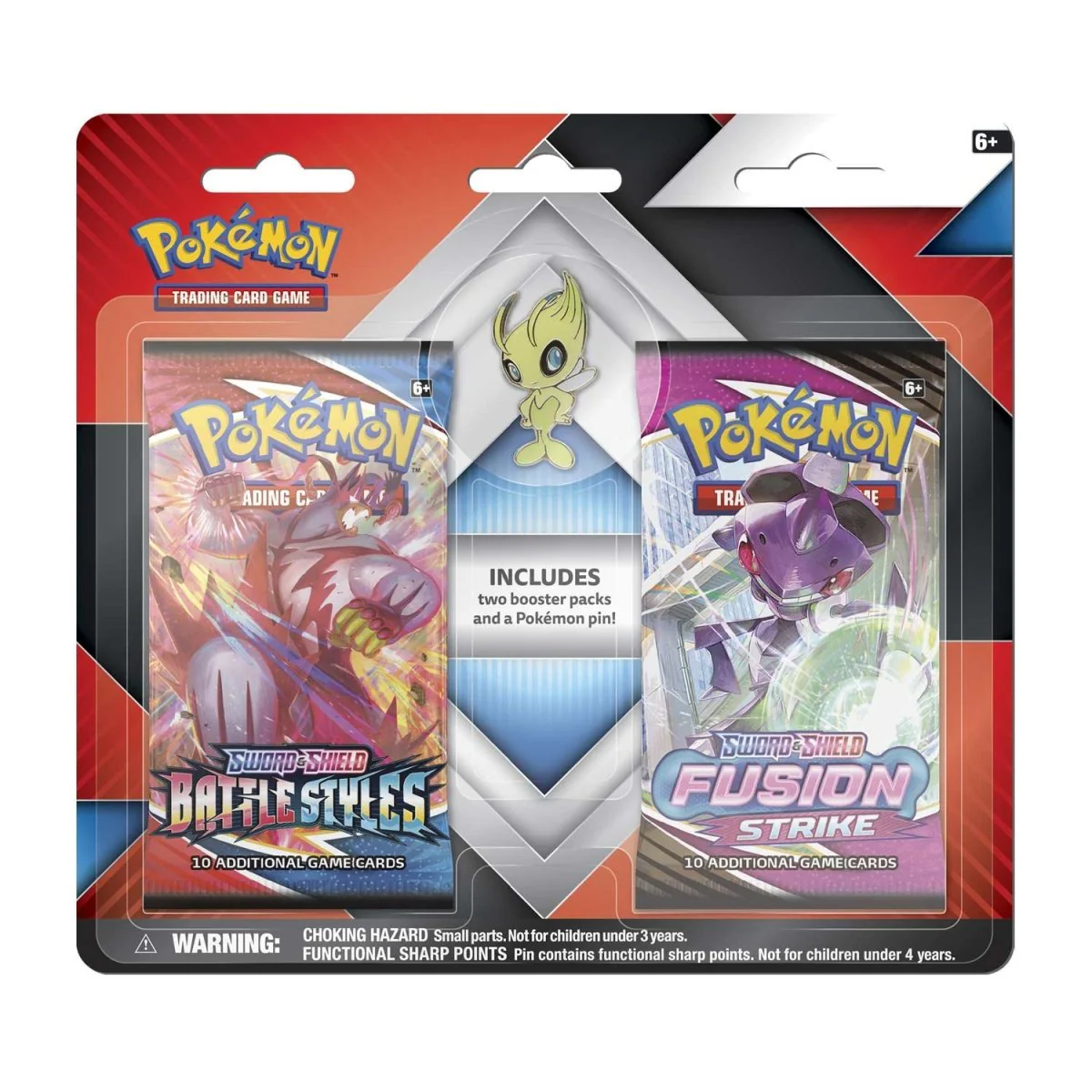 Pokemon 2 Booster Packs (1 Fusion Strike/1 Battle Styles) & Pin - Celebi
