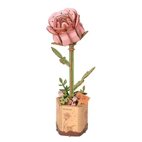 Rowood DIY Wooden Flower Bouquet 3D Wooden Puzzles TW041 Pink Rose Model Decoration